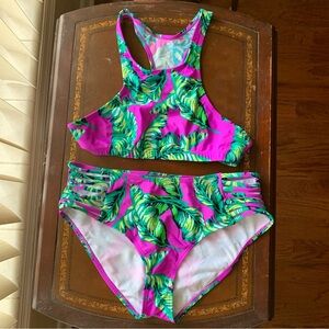 Bongo Tropical Print Swimsuit Racerback Medium M Green Pink Yellow Blue